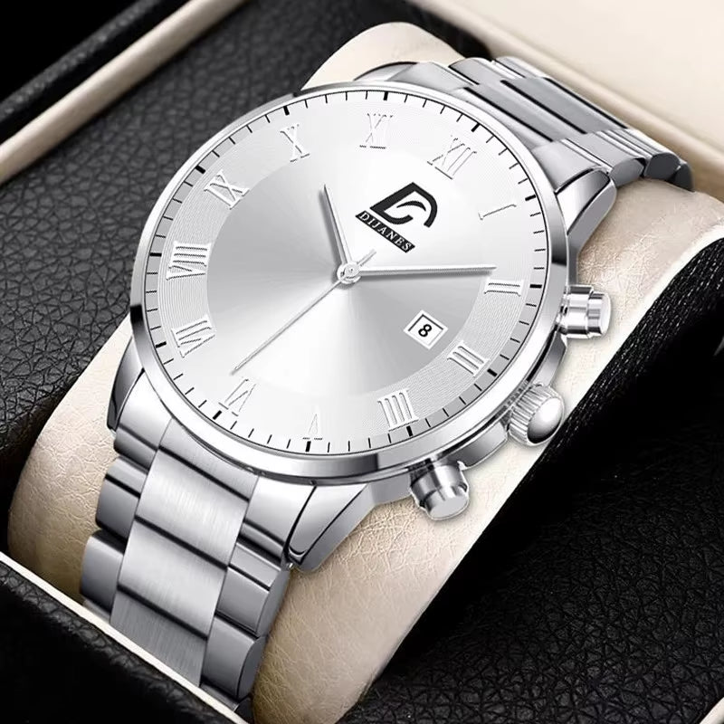 Luxury Stainless Steel Quartz Wrist Watch for Men with Calendar - Business Style Bracelet Timepiece