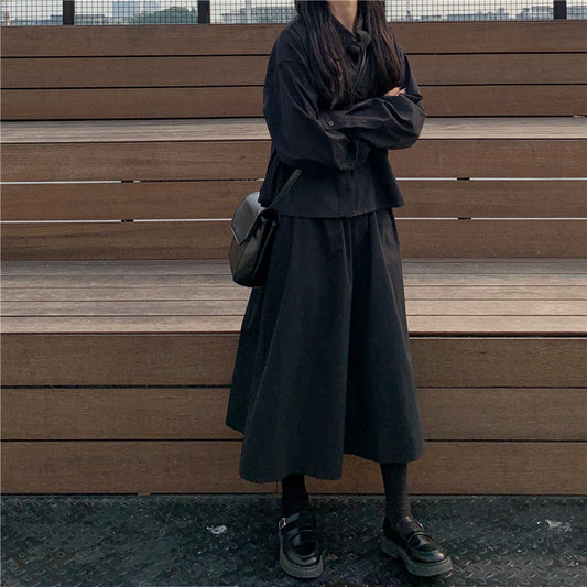 Women's Dark Shirt High Waist A-line Skirt Suit
