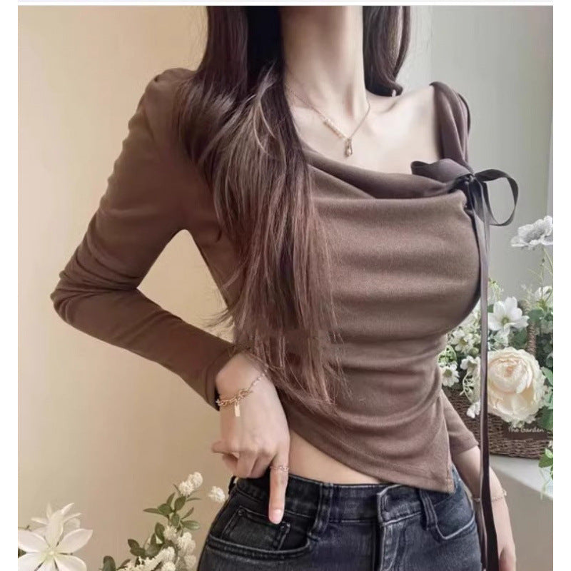 Fashionable Sexy Off-Shoulder Bow-Trimmed Asymmetrical Hem Long-Sleeve Top And Pants Set
