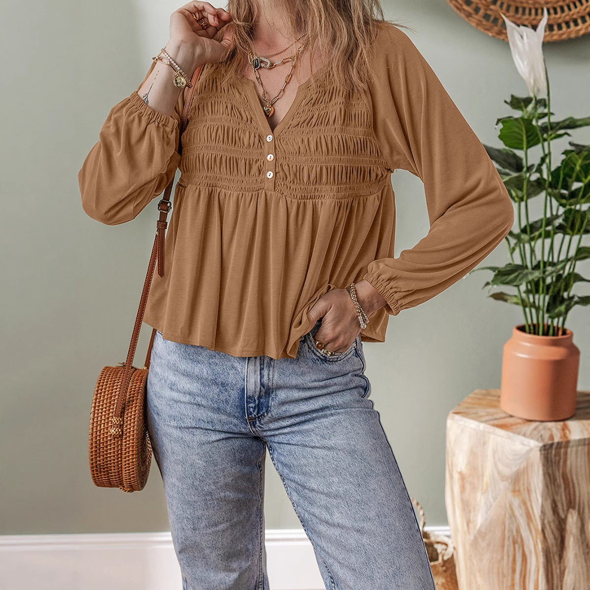 Dame Alsidig Lotusblad Ensfarvet Pullover V-hals Chiffon Skjorte