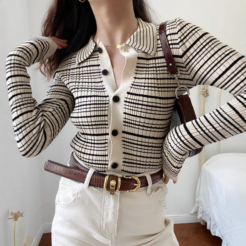 Single-breasted Sweater Contrast Color Striped Dinified Sweater Cardigan
