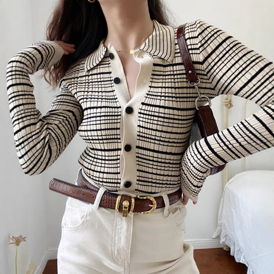 Single-breasted Sweater Contrast Color Striped Dinified Sweater Cardigan