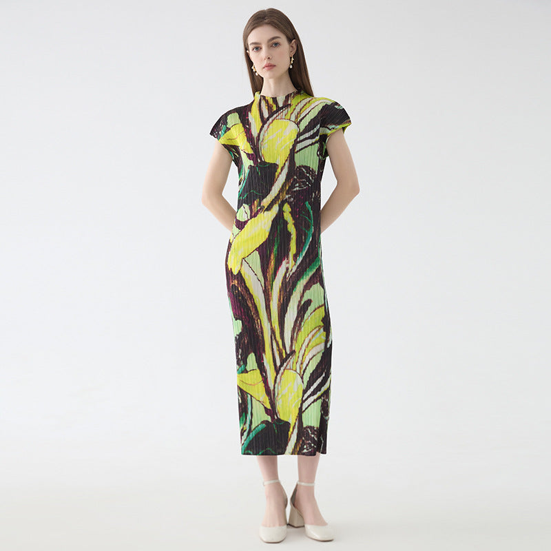 Flounced Sleeve Printed Pleated Dress
