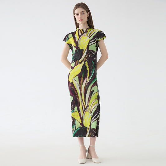 Flounced Sleeve Printed Pleated Dress