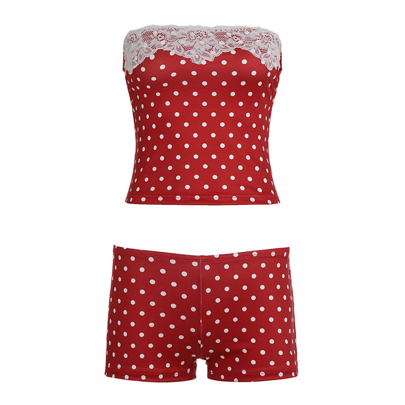 Autumn Pure And Seductive Sexy Color-block Polka-dot Tube Top And Shorts