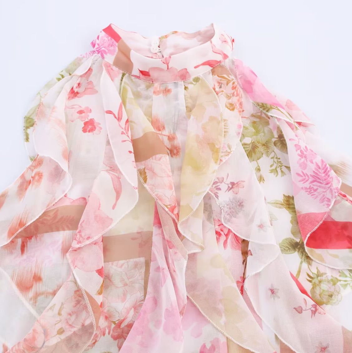 European And American Style Floral Print Layered Decorative Women's Blouse