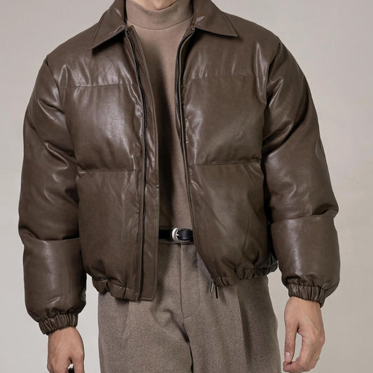 PU Leather Puffer Jacket With A Stand-up Collar And Extra Padding