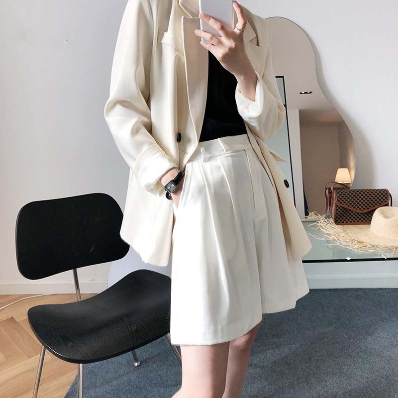 Women's High-Waist Straight Casual Wide-Leg White Suit Shorts