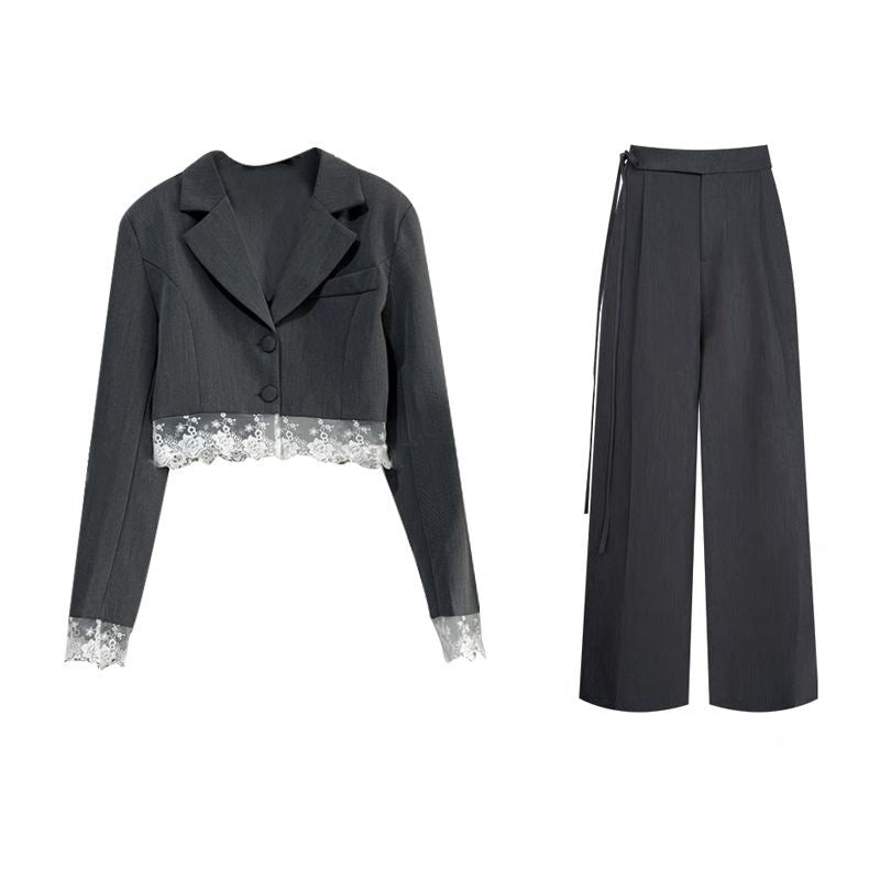 New Stylish Lace-embellished Blazer And Pants Two-piece Set
