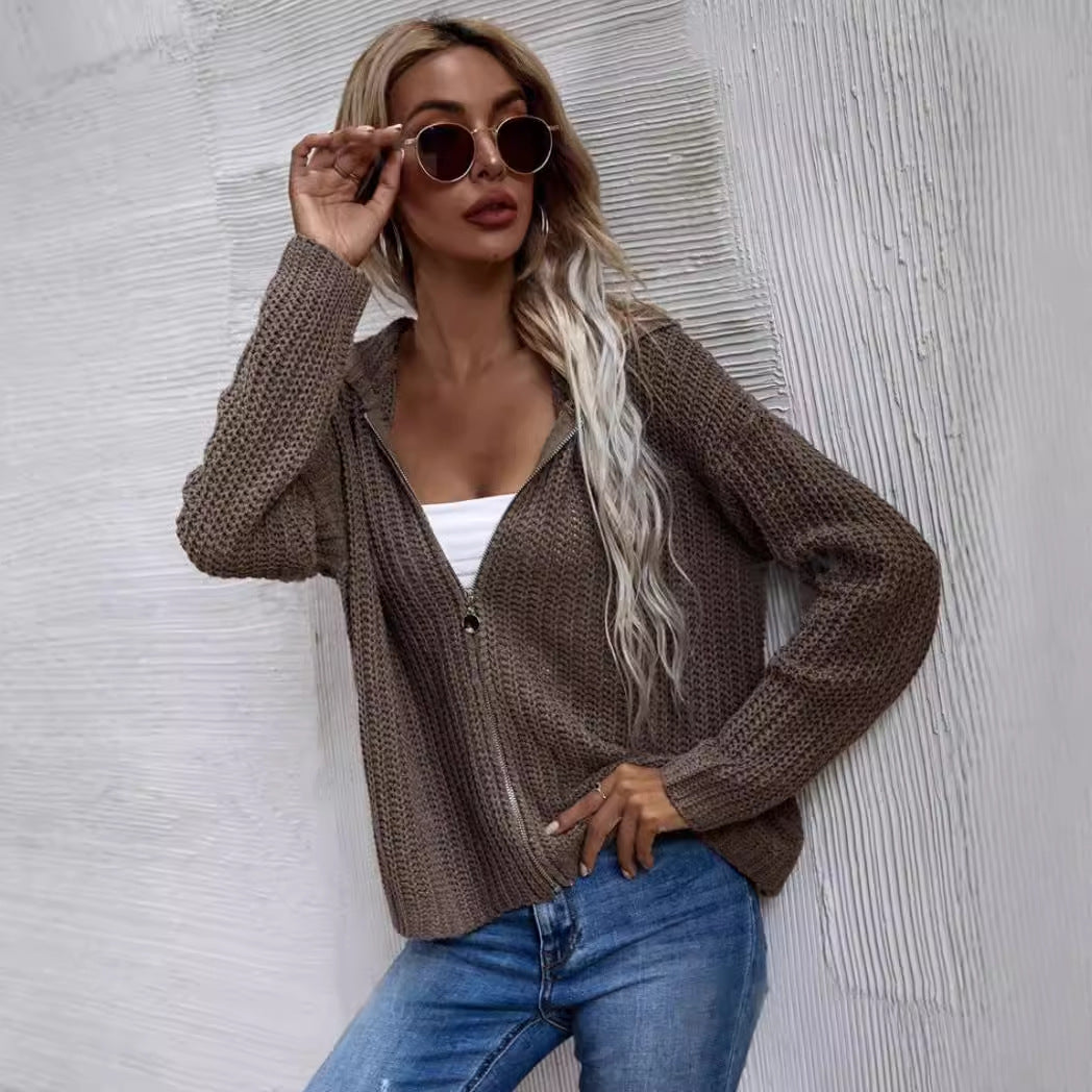 Autumn And Winter Hooded Cardigan Knitted Waffle Sweater Top