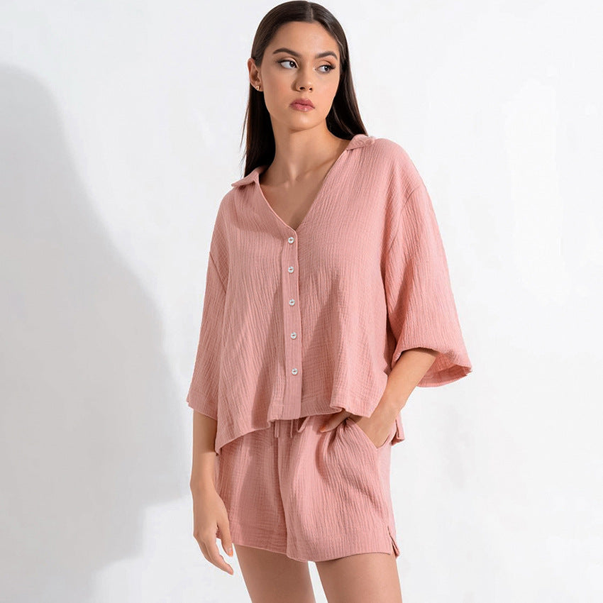 SpringSummer European And American Style Three-Quarter Sleeve Pajama Set With Loose Crepe Cotton Shorts