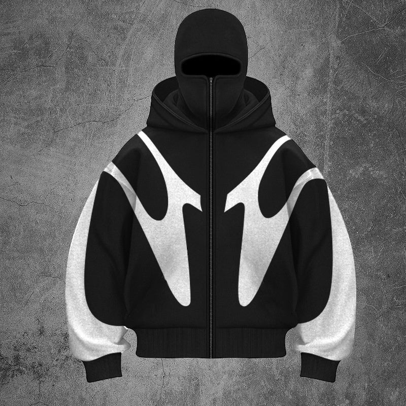 Pattern Stitching Trendy Hooded Cardigan Zipper Sweater