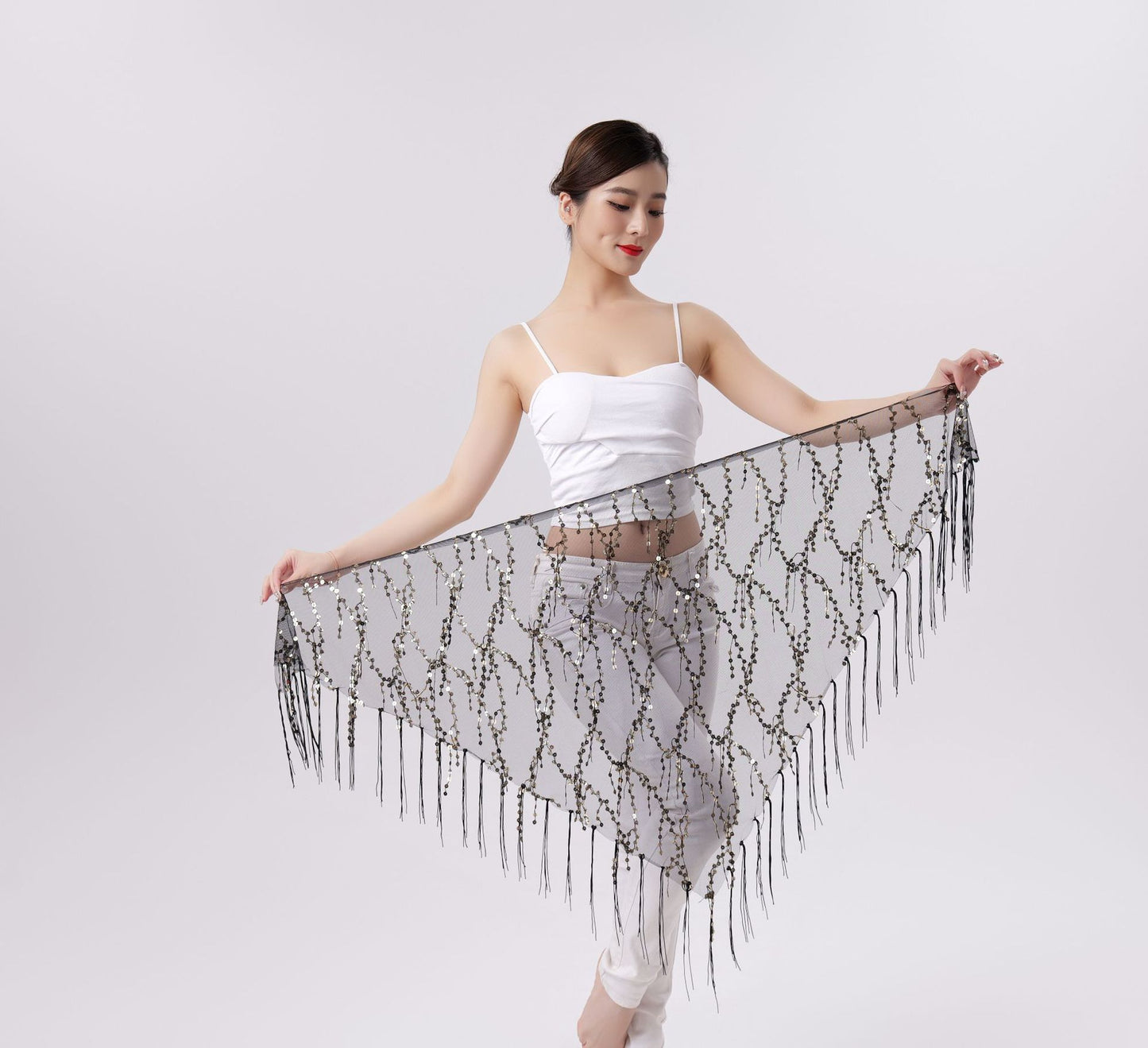 Belly Dance Sequins Tassel Triangle Waist Scarf
