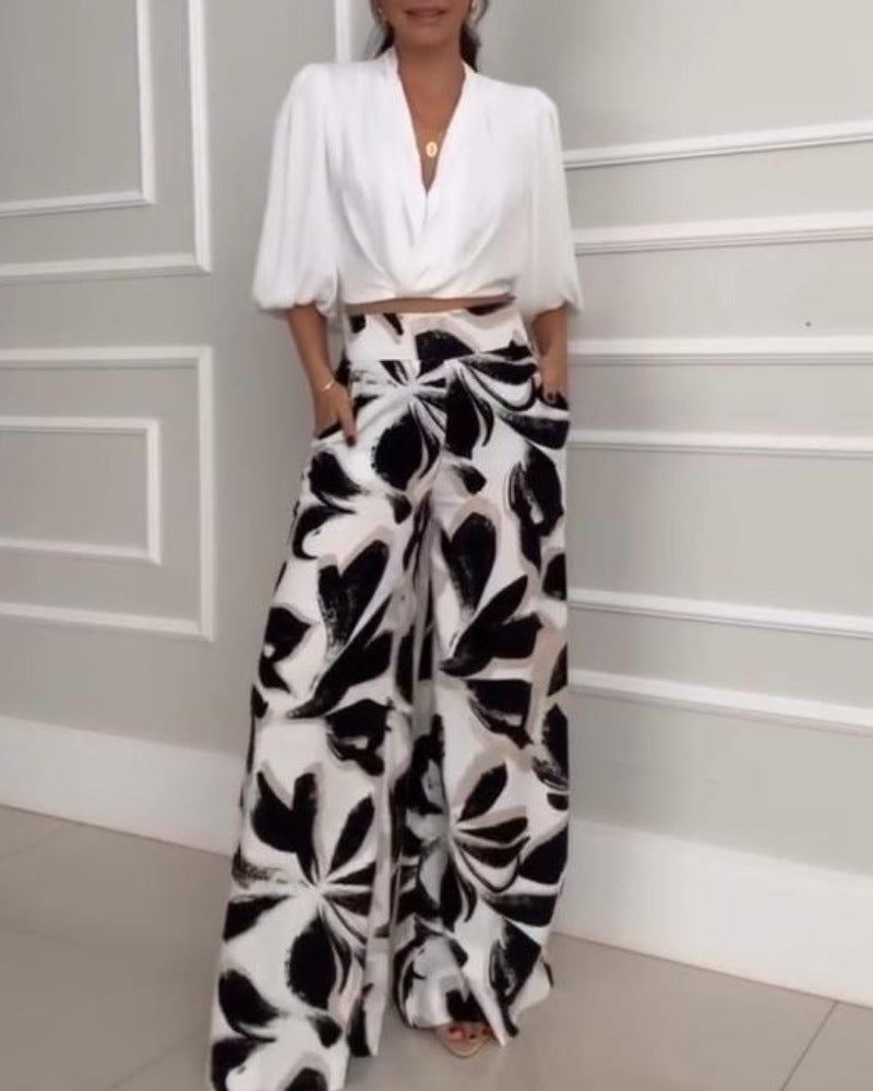 Socialite Womens Three-quarter-sleeve Fashionable Casual Wide-leg Pants Set