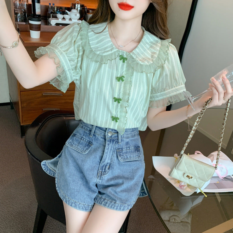 Doll Collar Bell Sleeve Lace Shirt Chiffon Shirt Top