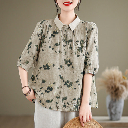 Women's Short-sleeved Shirt Cotton And Linen Style Top