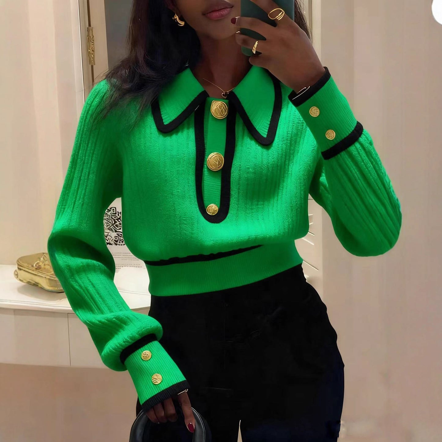 Designer-style Red Sweater With A Bold Color-block Design For Fall And Winter