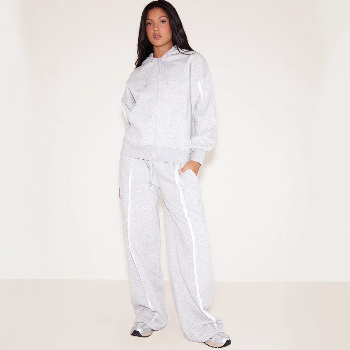 SpringSummer New Sexy Stylish Zip-Up Hoodie With Drawstring And Lace-up Pants Two-Piece Set
