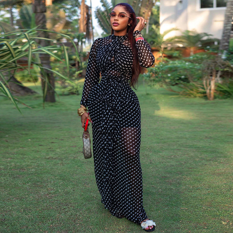 Fashionable Polka Dot Design Waist Cinching Sheath Dress
