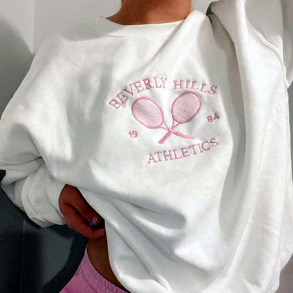 Women's American Retro Tennis Club Embroidery Artistic Round Neck Sweater