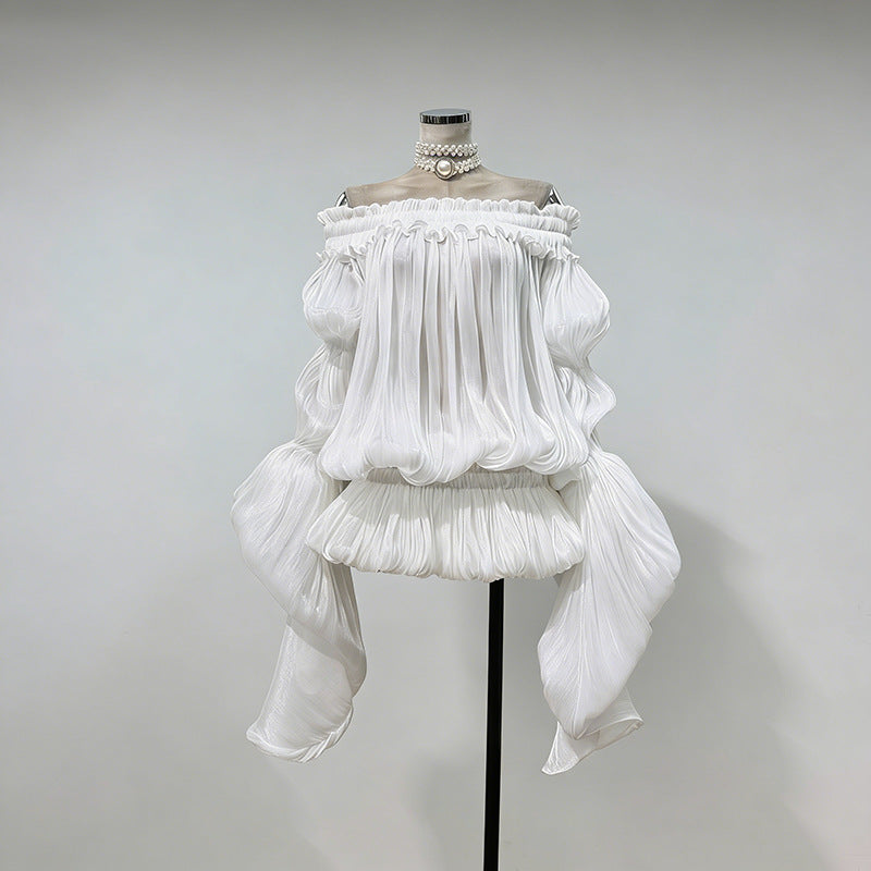 Elegant Off-the-shoulder Short Skirt With Fluttering Straps And A Tie-detail Design