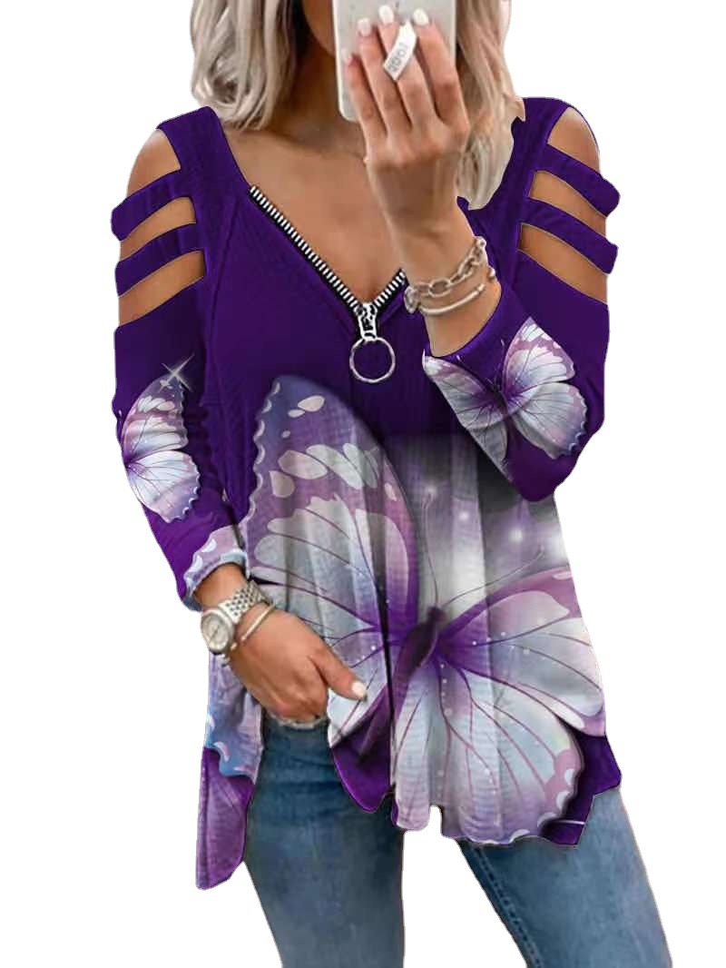 Lynlås pullover, printet langærmet løs T-shirt, dametop