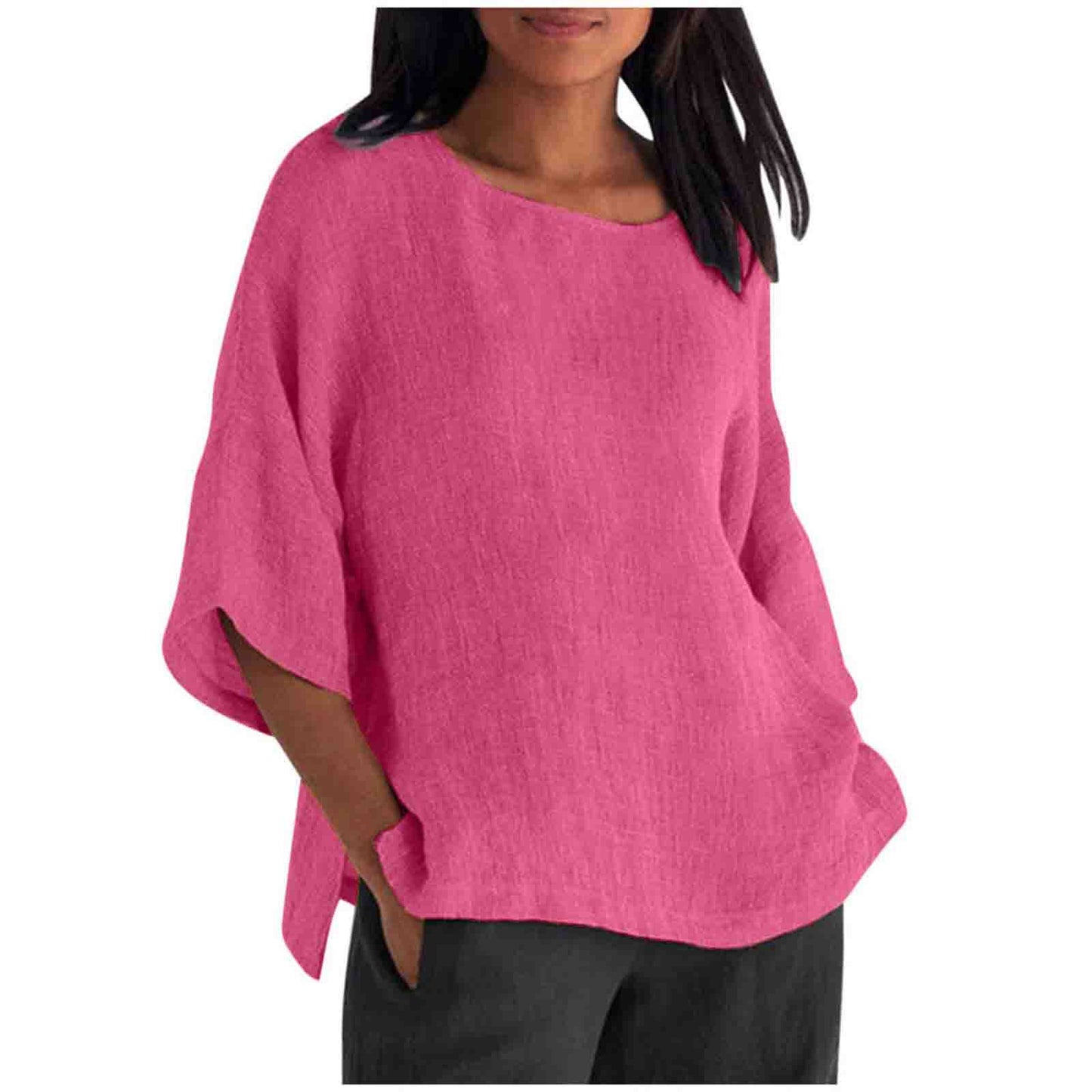 Womens Casual Crew-neck Cotton-linen Shirt Top