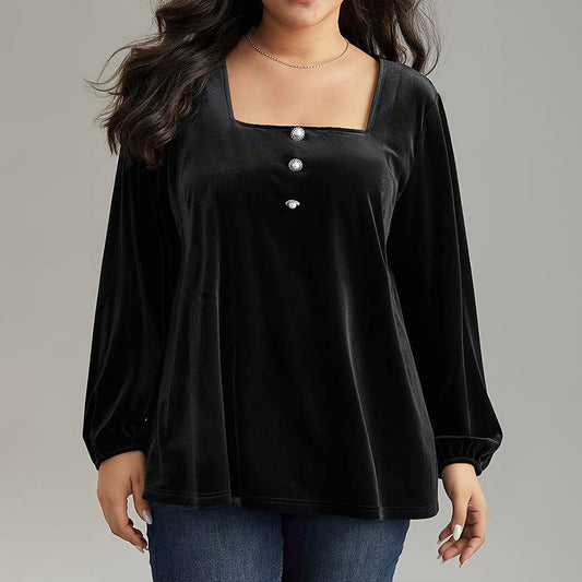 Square Neck Long Sleeve Fashion Loose Elegant Velvet T-shirt