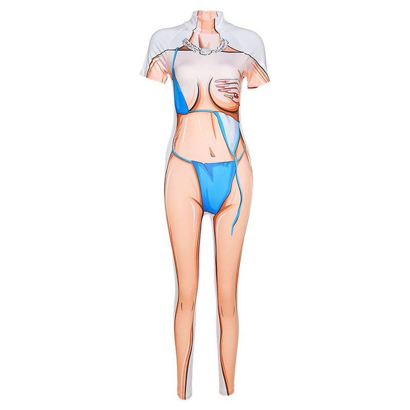Women's Summer Fashion Colorblock Print Tight Sports Jumpsuit