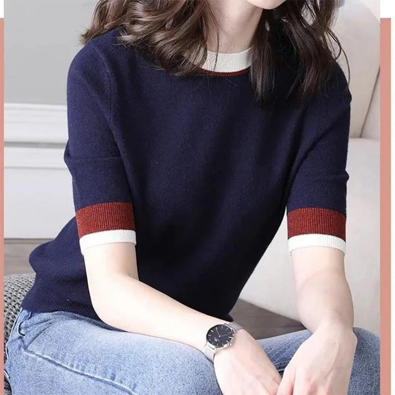 Ice Silk New Knitted Summer Round Neck T-shirt For Women