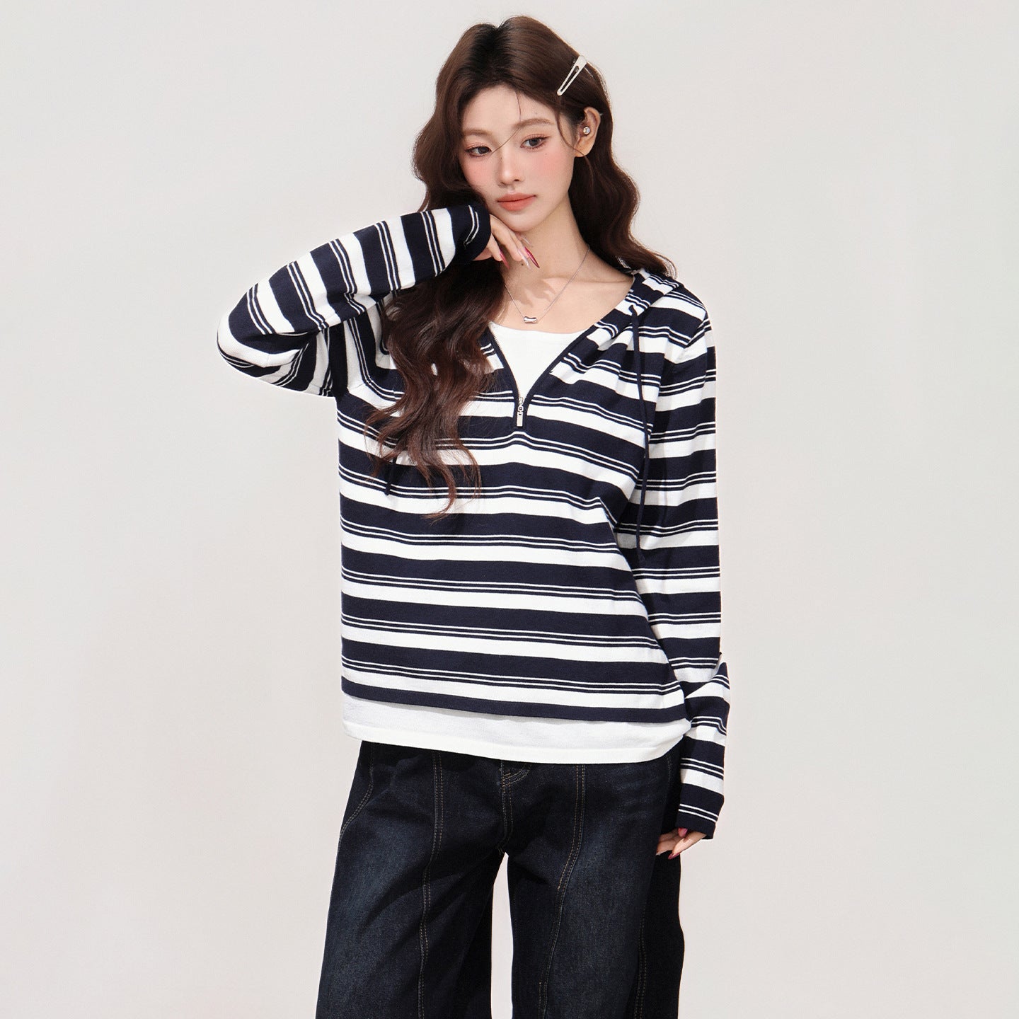 Color-blocked Fake Two-piece Hooded Long-sleeve Women's Undershirt