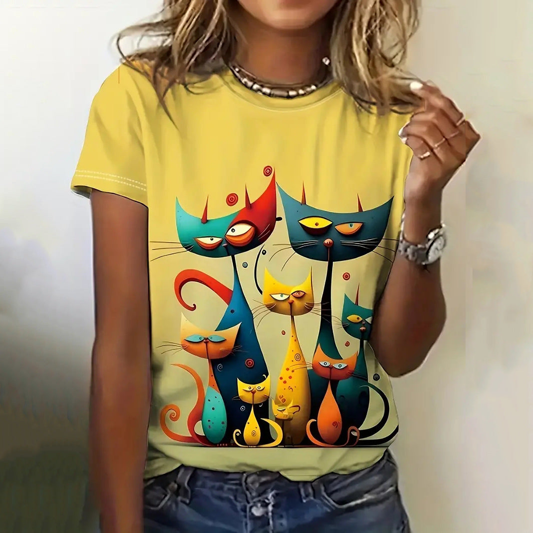 Digital-print Casual Short-sleeve Streetwear Womens Loose-fitting T-shirt