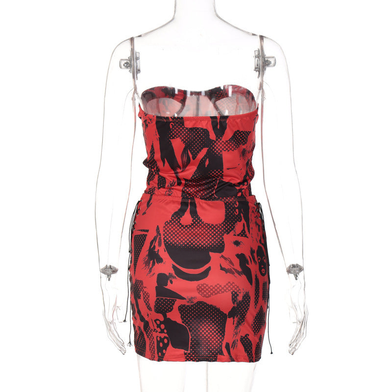Sleeveless Short Top Skinny Sheath Drawstring High Waist Skirt