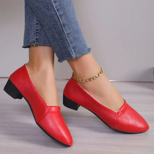 Pumps Women's Non-slip Soft Bottom Chunky Heel Comfortable Leather Shoes