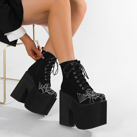 Women's Gothic-style Ultra-high-heeled Dr Martens Boots With Thick Soles And Spiderweb Design