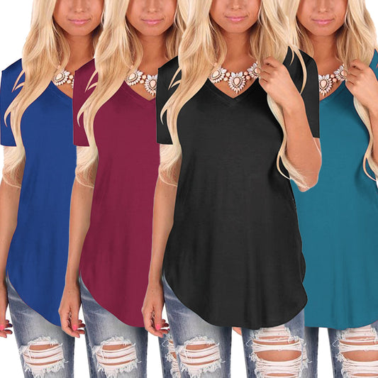 V-neck Knitted Solid Color Top Plus Size Loose Short Sleeve