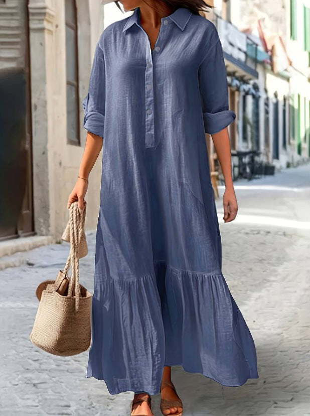 Long Asymmetrical Cotton Linen Dress With A Shirt Collar And Twist Buttons