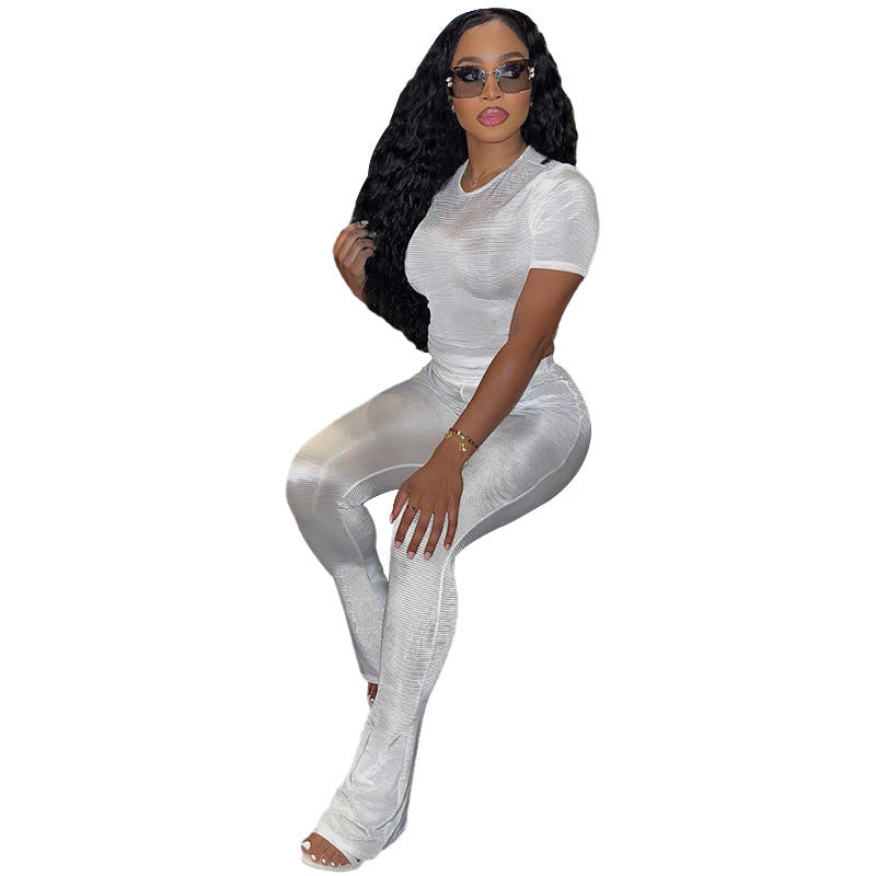 Cross-border European And American Foreign Trade Fall Women's Clothing New Slim Fit Figure Flattering Short Sleeve Top High Waist Casual Trousers Suit