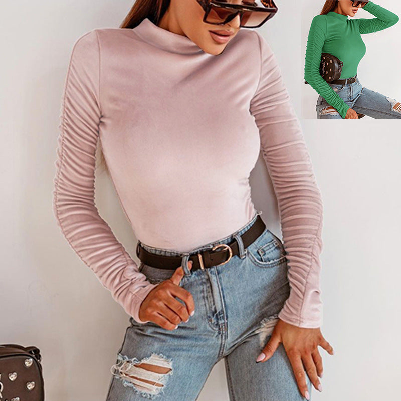New Solid Color Temperament Versatile Pleated Long Sleeves
