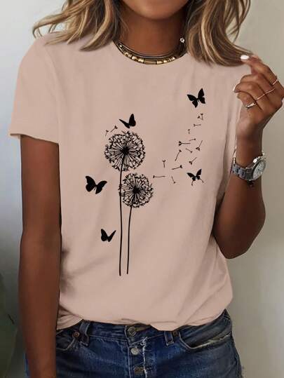 Dandelion Butterfly Pattern Round Neck Short Sleeve