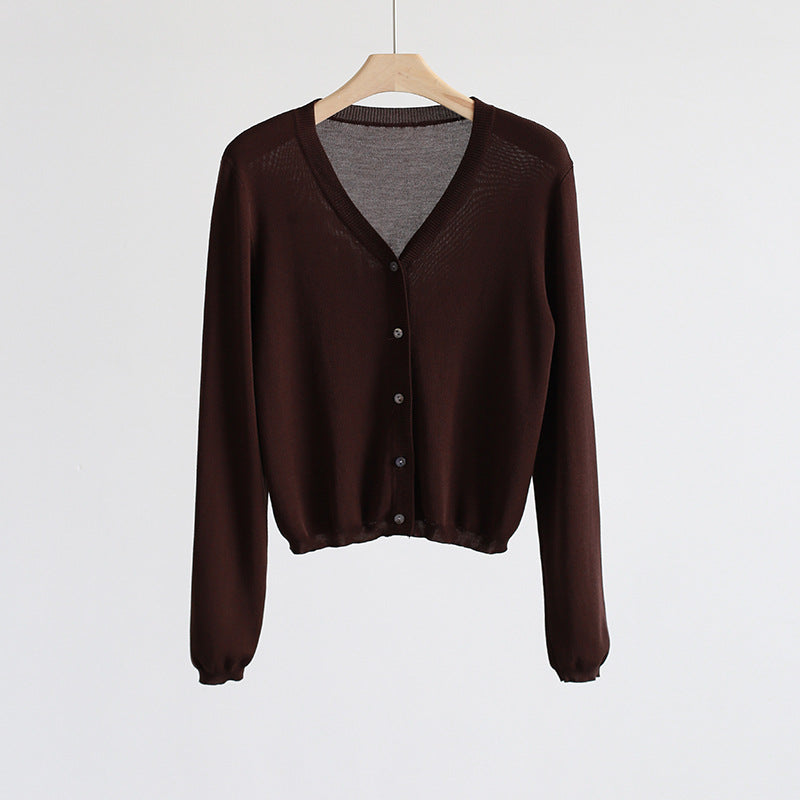 Spring And Summer V-neck Short Tencel Knitted Cardigan Pure Color All-matching
