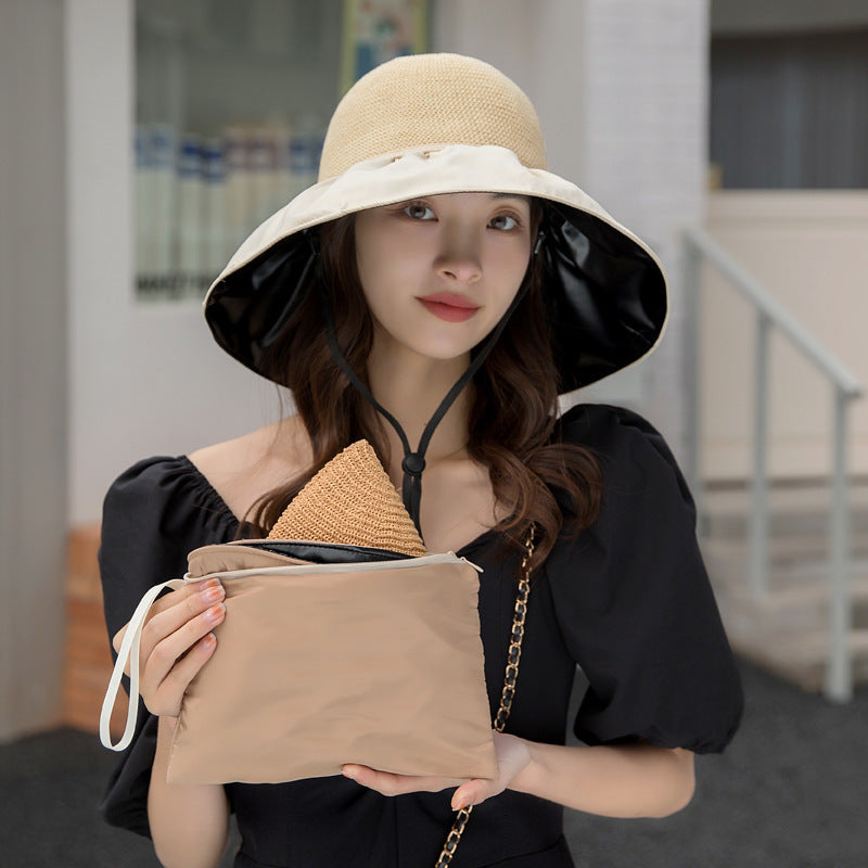 Black Glue Bow Wispy Empty Cycling Big Brim Face Sun Protection Hat