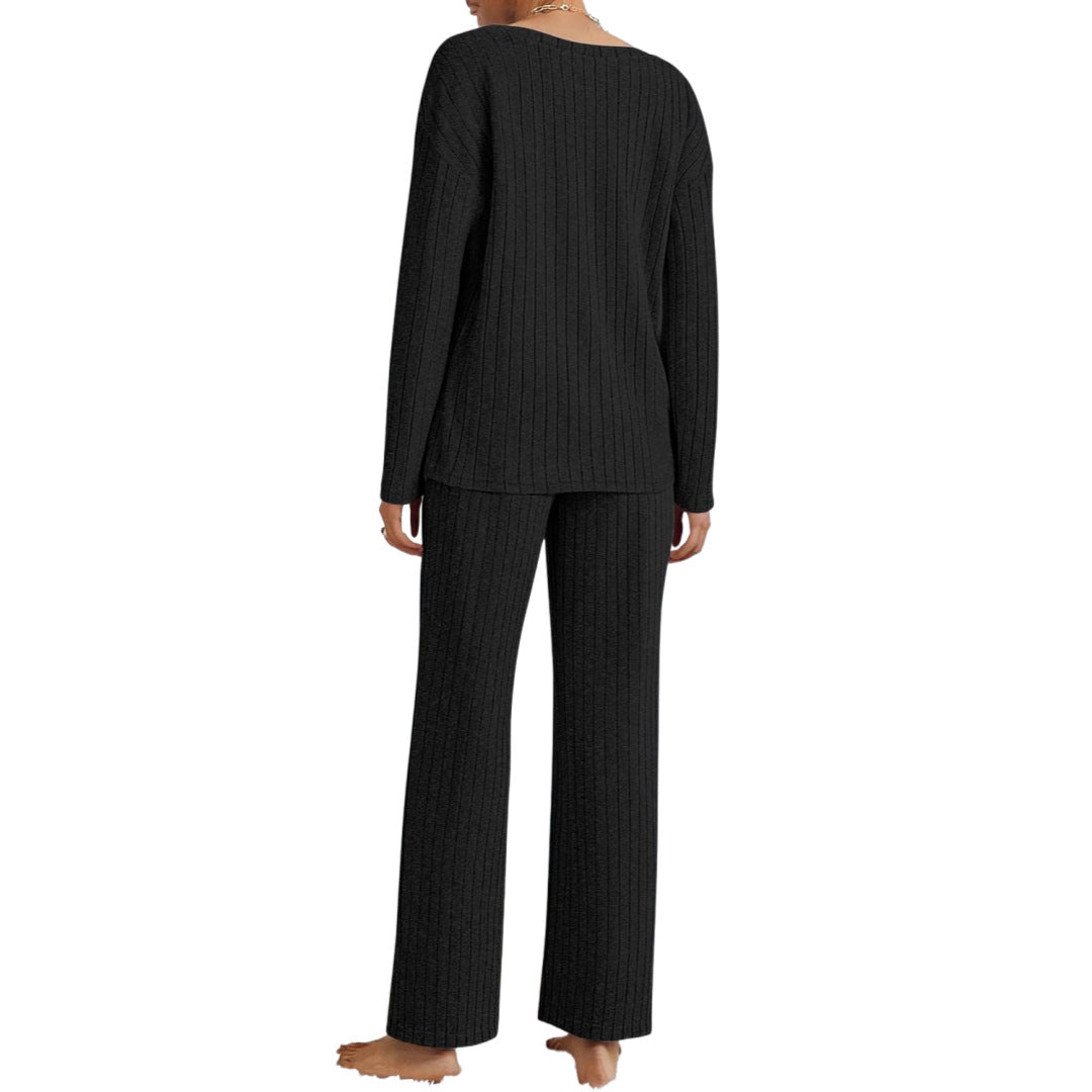 Autumn And Winter Suit Sunken Stripe Brushed Comfortable Loose Pajamas Ladies' Homewear Two Pieces