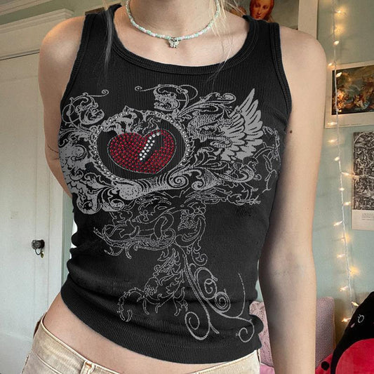 Summer Womens Stylish Rhinestone-printed Slim-fit Tank Top