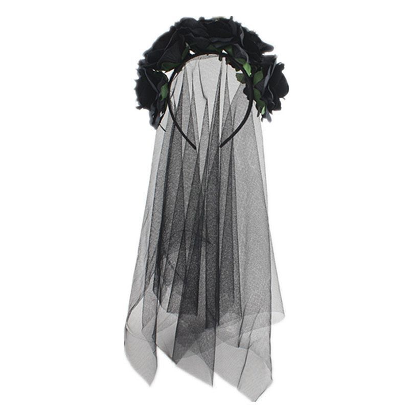 Halloween Headband Rose Flower Black Veil Witch