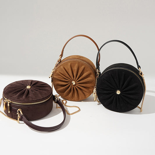 Style Round Pie Bag Genuine Leather Bag Metal Chain