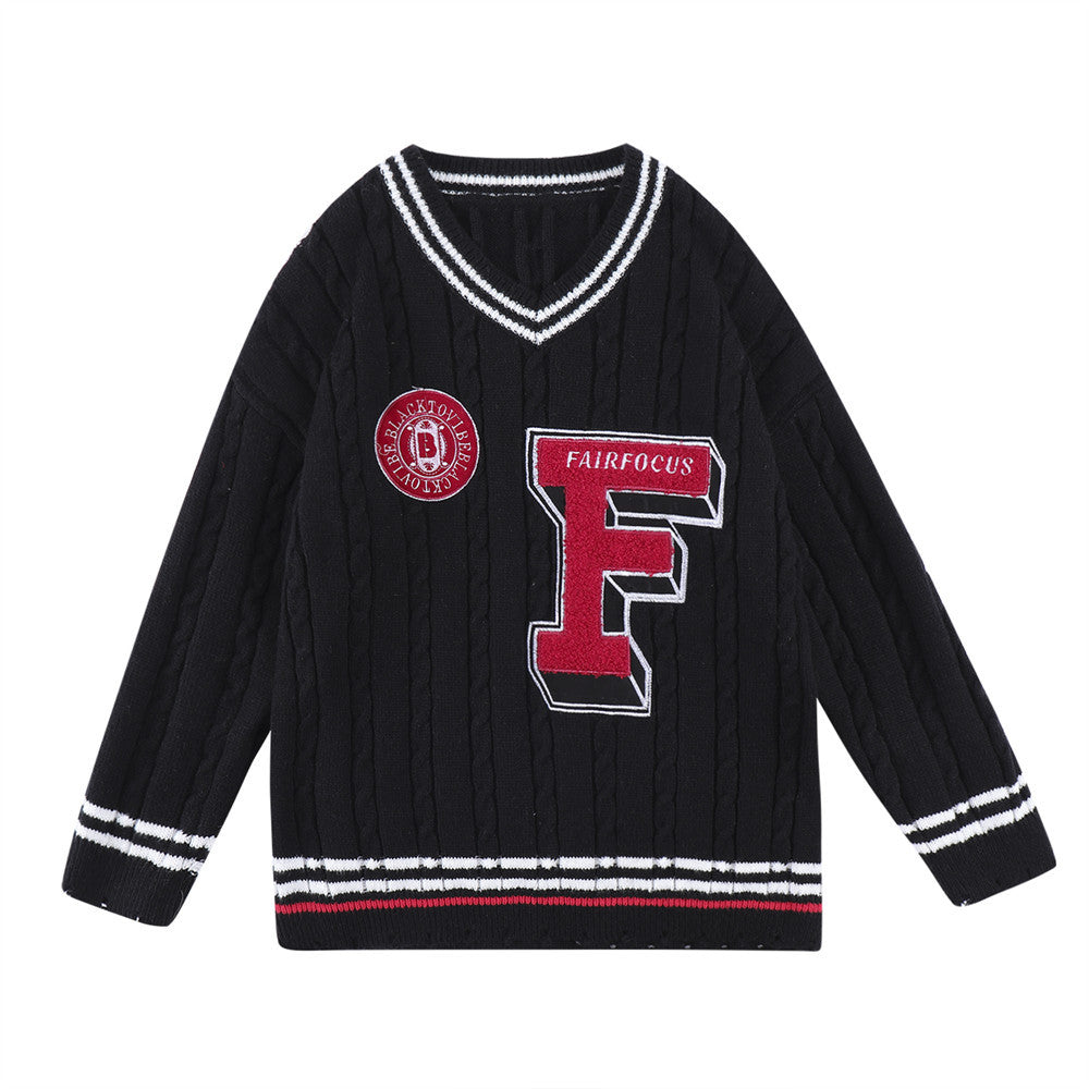 Letter Embroidery Color Blocking V-neck Pullover Sweater For Men