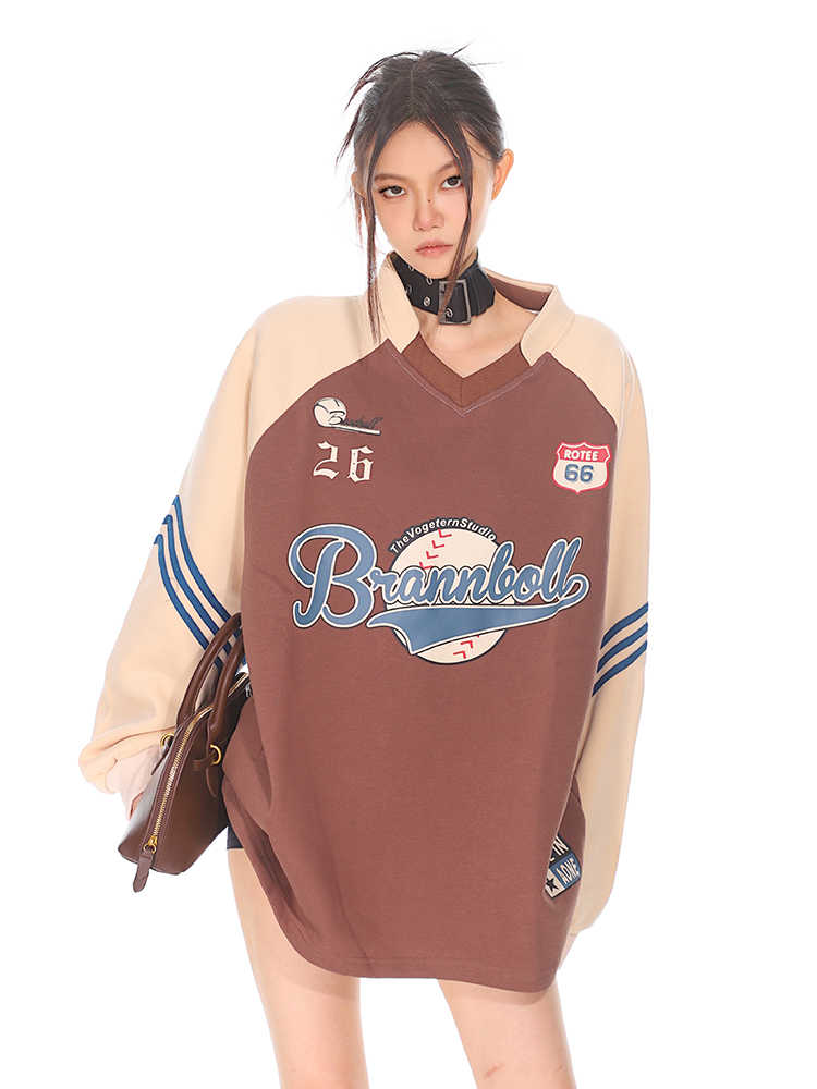 American Sports Style Baseball Vintage Print College V-neck Sweatshirt Female