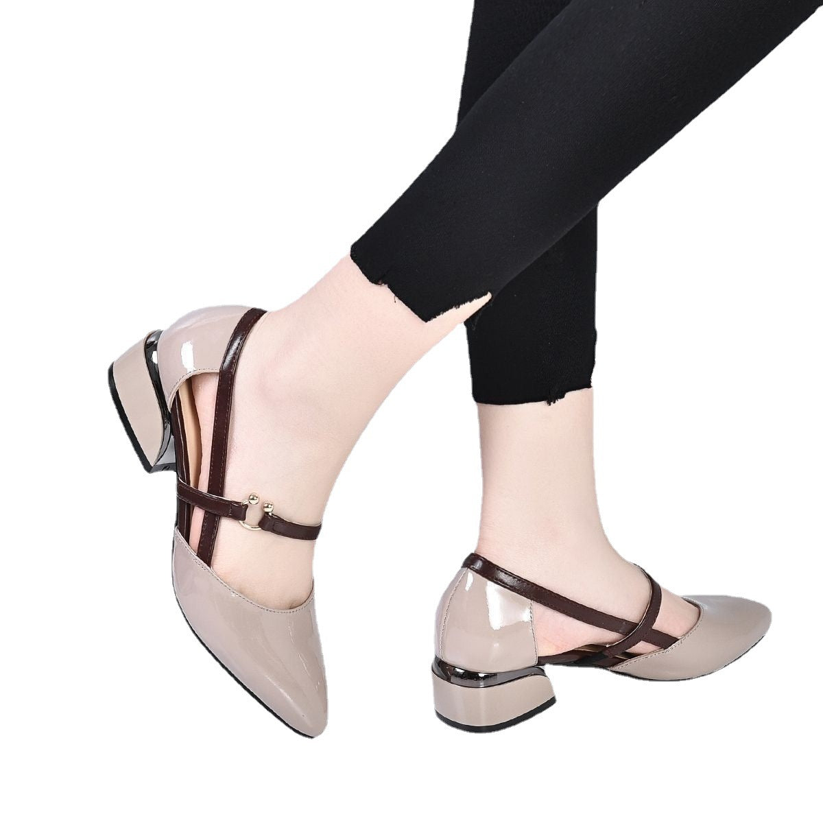 Women's Hollow Toe Block Heel Patent Leather Sandals