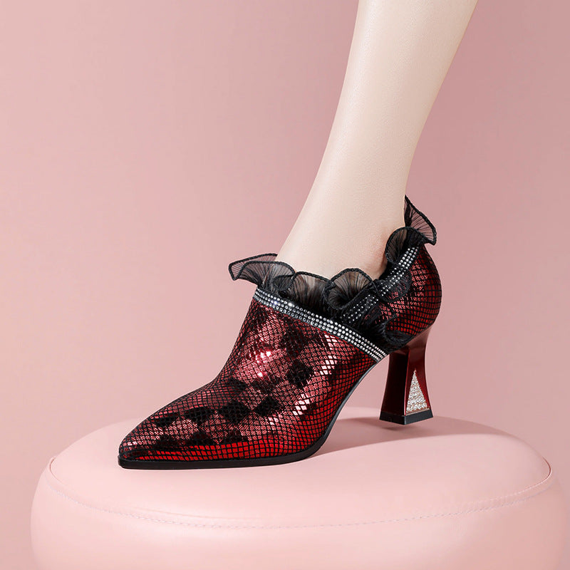 Women's Pointed Toe Chunky High Heel Lace Shoes